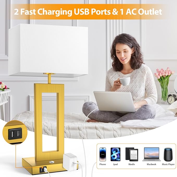 Table Lamps for Bedrooms Set of 2, 27.2’’ Super Tall Modern Gold Lamps for Living Room Nightstand End Tables, Button Touch Control Bedside Lamps with 2 USB Ports, 3 Color Temp. E26 Bulbs Included
