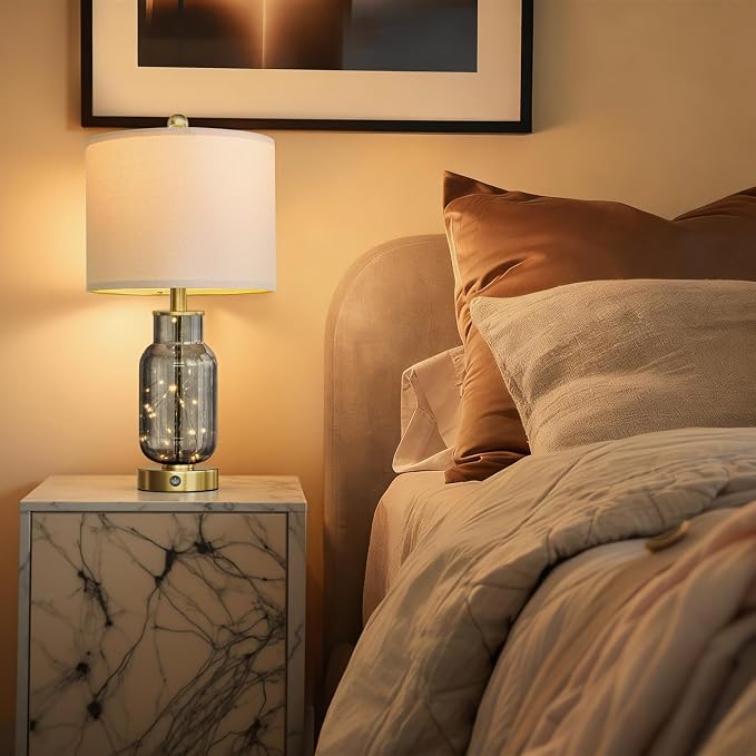22" Glass Table Lamps Set of 2, Gray Modern Bedside Lamp with LED Night Light for Living Room, Nightstand Lamp with USB Ports for Bedrooms, Study Room, End Table(2 Bulbs Included)