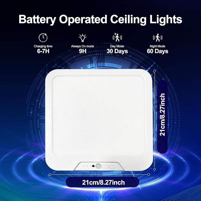 Rechargeable Motion Sensor Ceiling Light with Remote,Square-8.27in,1 Pack | Wireless Magnetic Closet Light 3 Color Dimmable Battery Operated Ceiling Lights for Pantry Shed Hallway Porch Garage Stairs