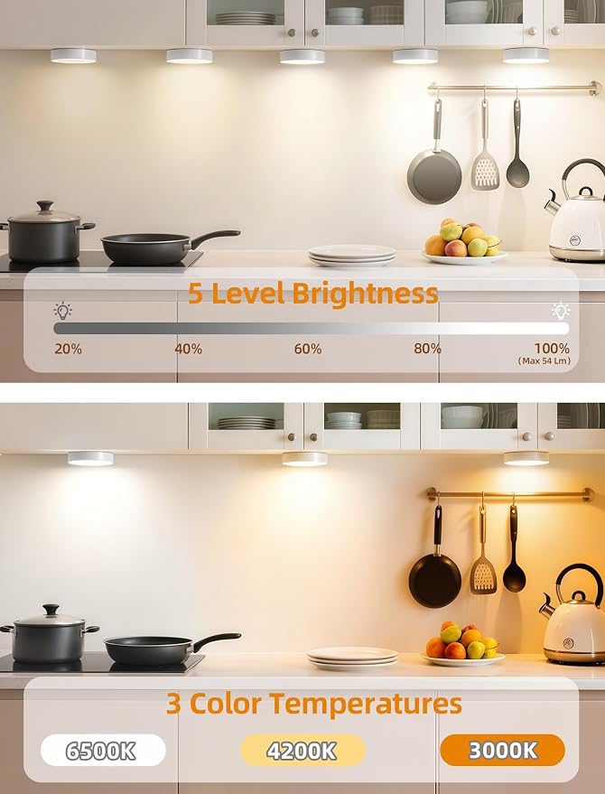 8PACK Rechargeable Puck Lights with Remote Motion Sensor Light indoor White | 3 color temps & 12 RGB, dimmable, 15/30/60 mins timer, memory, magnetic/stick on, 3.3'' led lights for kitchen, closet, stair