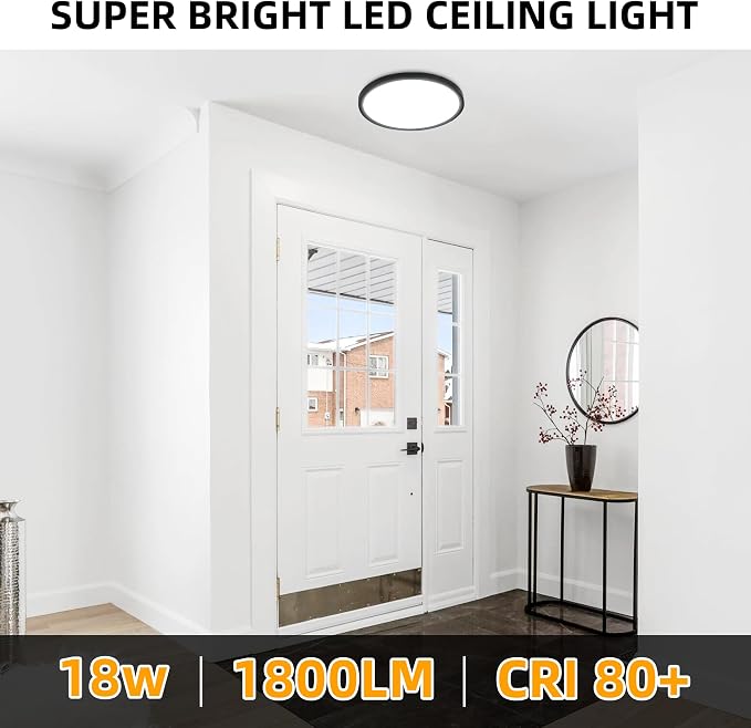 Hlite 9 Inch LED Flush Mount Ceiling Light,1800LM,4PacK,3CCT | 18W 3000K/4000K/5000K Selectable,Super Slim,Low Profile Round Ceiling Light Fixtures for Kitchen Bedroom Hallway,Black