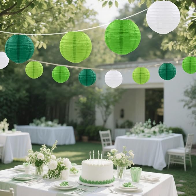 Green Paper Lanterns Party Decorations, Round Hanging Lanterns for Jungle Safari Party Supplies St. Patricks Day Decoration (12 PCS)