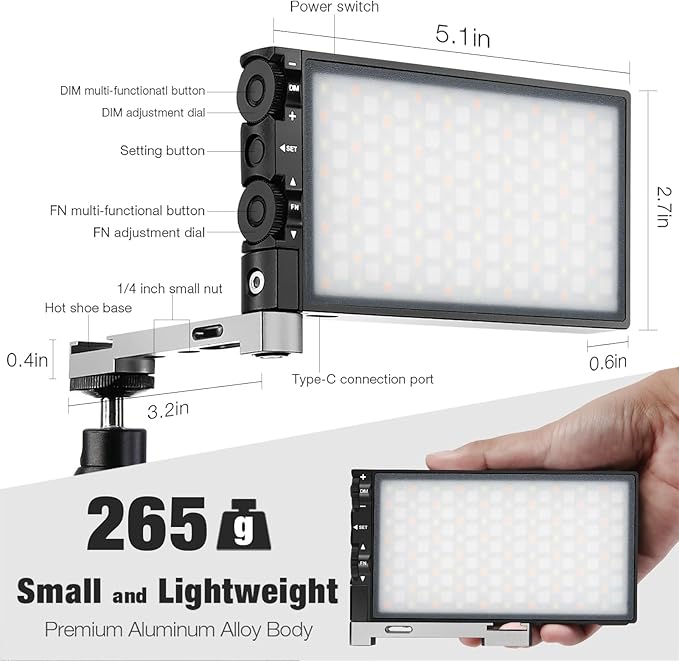 Pixel G1s RGB Video Light with APP Control, 12W 210 Minutes Rechargeable Battery LED Camera Light, 10 Common Lighting Effects, CRI≥97 2500-8500K LED Video Light with Aluminum Alloy Body