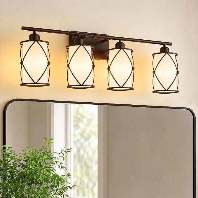 4-Light Oil Rubbed Bronze Bathroom Light Fixtures Over Mirror, 29" UL-Listed Modern Farmhouse Wall Sconce Lights with Milk White Frosted Glass and Metal Cage for Bath, E26, CH9176ORBW-4W