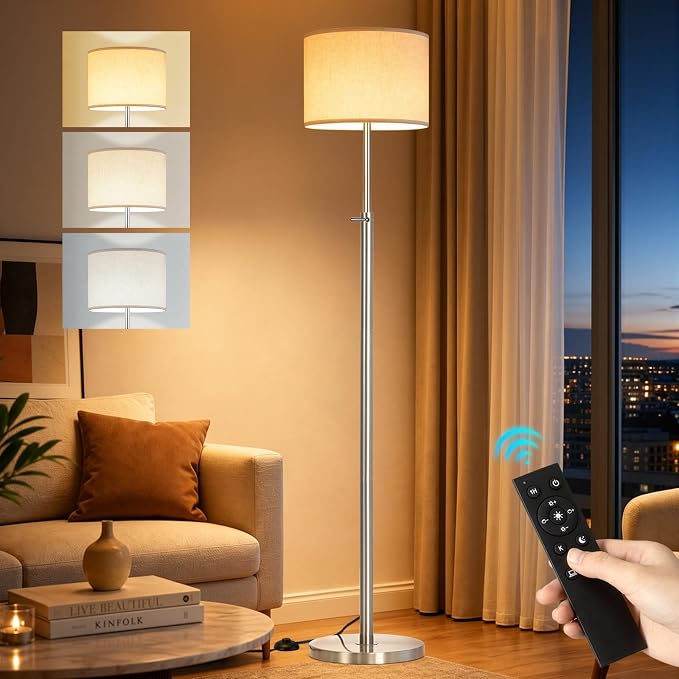Floor Lamp Height Adjustable with Remote for Living Room and Bedroom Silver | 55"- 67" Height Adjustable Silver Standing Lamp with Dimmable 12W LED Bulb - Tall Stand Light with Shade for Corner Lighting
