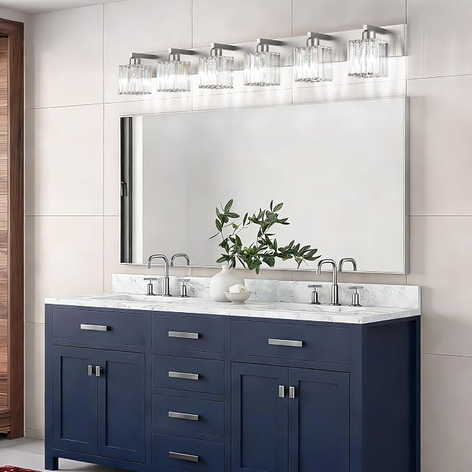 Aipsun Brushed Nickel Bathroom Light Fixtures 6 Light Vanity Lighting Fixture Crystal Modern Bathroom Vanity Light (Exclude Bulb)