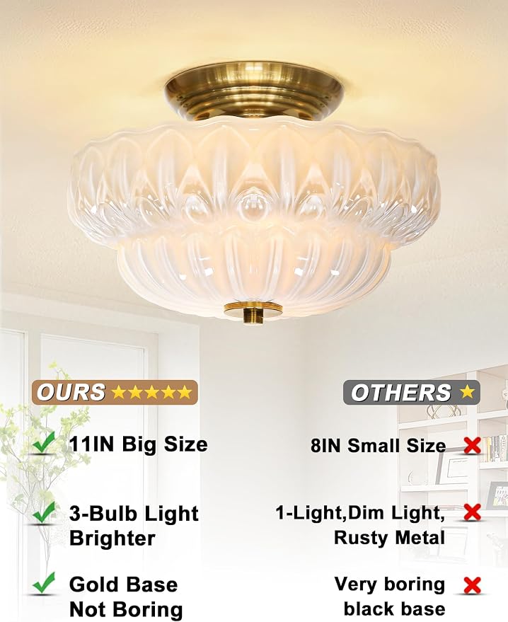 11IN Vintage Semi Flush Mount Ceiling Light,3-Bulb Milk Glass | Gold Hallway Lights Fixture, Close to Ceiling Light for Bathroom, Hallway, Dining Room,Bulb Not Included