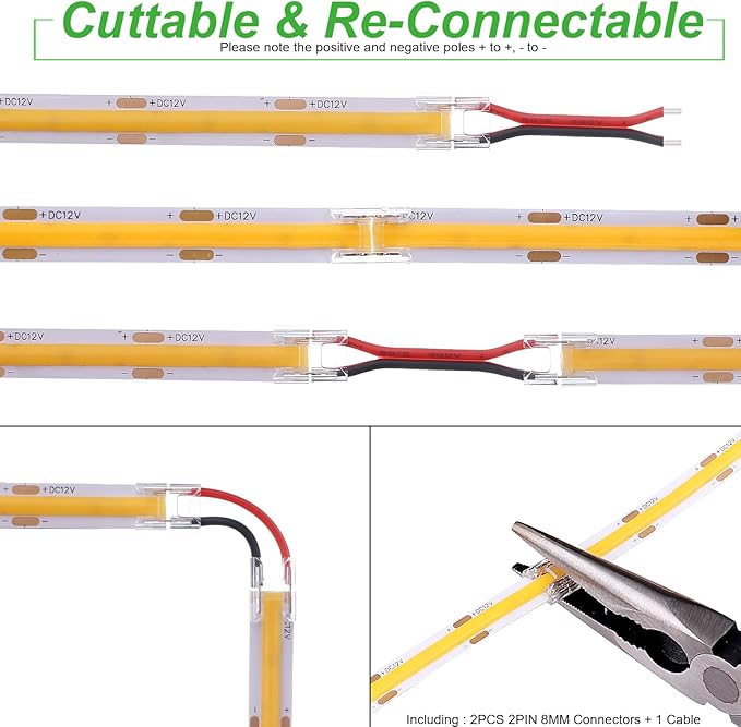 JOYLIT 12V COB White LED Strip Lights Waterproof 20FT/6M 320LEDs/M Uniform Flexible 6000K Cool White Tape Light for Cabinets, Shelves, Counters, Closets, RV Decoration (LED Strip Only)