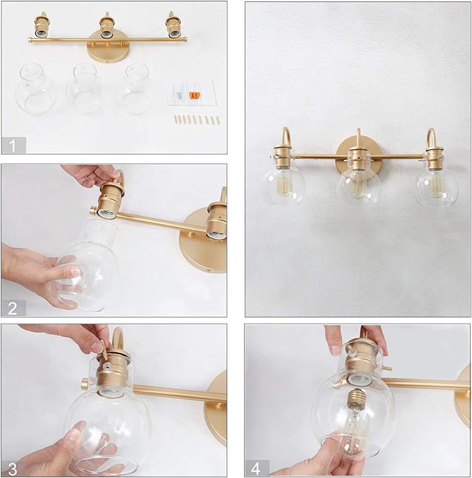 KSANA Gold Bathroom Vanity Light Fixtures with Clear Glass Shade, 22”x7”x9