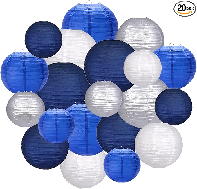 Paper Lanterns Party Decorations, Hanging Round Chinese Lanterns for Graduation New Year Blue Birthday Decorations Pack of 20 Blue Silver