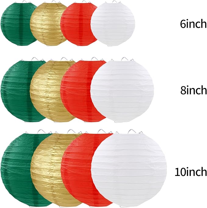 Christmas Paper Lanterns Red Green White Gold Hanging Paper Lanterns for Birthday Wedding Festival Christmas Party Decorations (12 PCS)