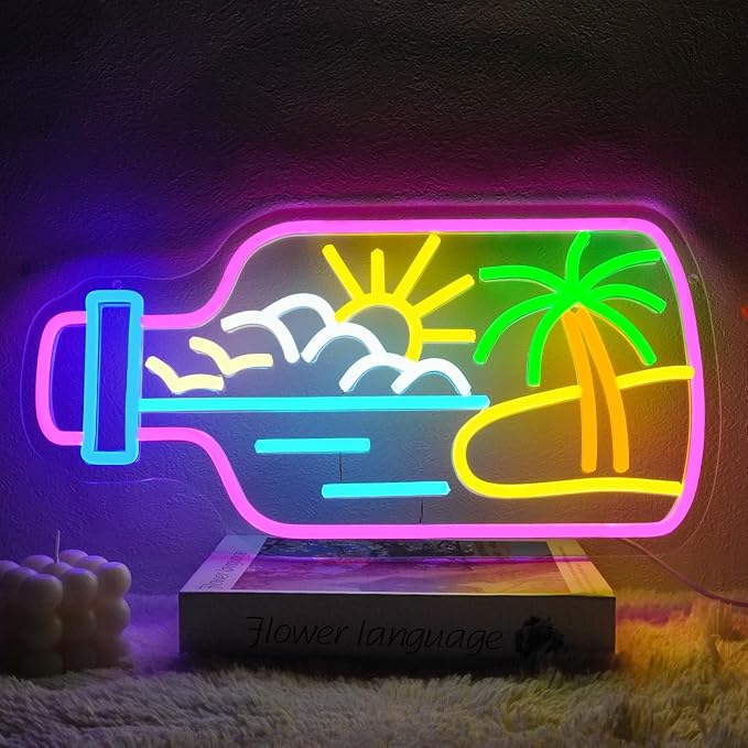 Bottle Beach Neon Sign Dimmable Summer Tropic Neon Light Sign for Wall Decor Palm Tree Led Signs for Bedroom Living Room Hawaii Shop Beach Bar Party Art Decor Gift 16.5" x 8.4"