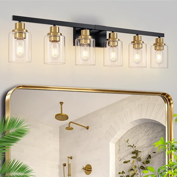 6-Light Vanity Lights Bathroom Light Fixtures,Black and Gold,37" | Modern Bathroom Vanity Light over Mirror with Clear Glass Shade,Farmhous Wall Mounted for Bathroom,E26 Base