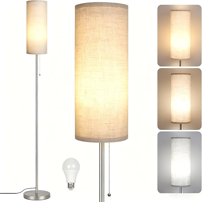 Ldeco Floor Lamp for Living Room, Modern Standing Lamps with Lampshade, Minimalist Tall Lamp with Chain Switch for Living Room, LED Bulb Included (Nickel Body+Beige Shade)