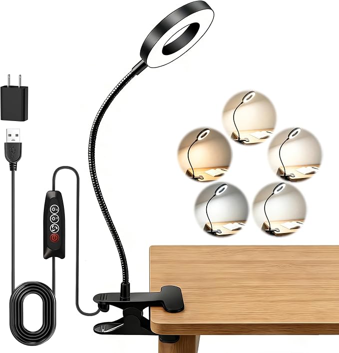 Akynite Desk Lamp Clip on Light, 48 LED Clamp Lamp, 5 Color 10 Brightness | USB Powered with Adapter, 360° Flexible Gooseneck, Eye Protection, Reading Book Lights Clamp on for Bed Home Office Study