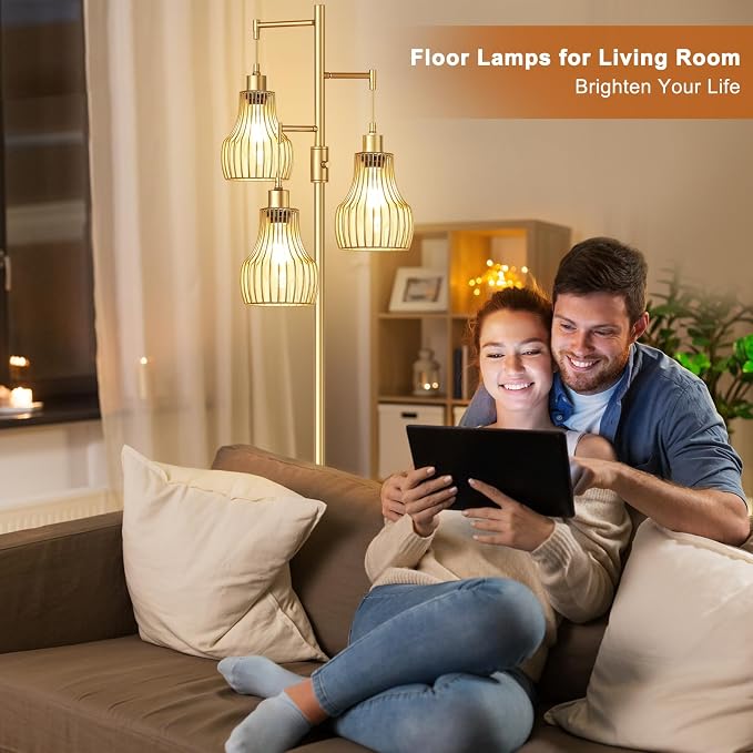 Ziisee Dimmable Gold Floor Lamps for Living Room, 70" Farmhouse Tree Standing Tall Lamps with 3 Elegant Cage Shade & 800 Lumens LED Bulbs for Bedroom Office