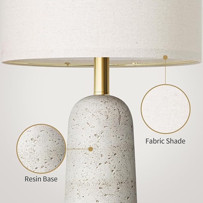 BOBOMOMO 27.25" Modern Table Lamp Set of 2, White Resin Table Lamps with Stone Look, Lamps for Living Room with Linen Shades, Bedside Lamps for Bedroom, Nightstand, Entryway