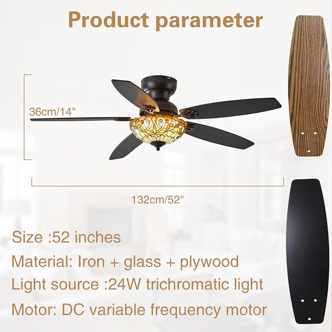 Ceiling Fans with Lights-52 Ceiling Fan Chandelier and Glass Shade | 52" Ceiling Fan Chandelier with 5 Dual-Blades and Glass Shade, 6 Speeds and Reversible, Indoor and Outdoor, Retro Style