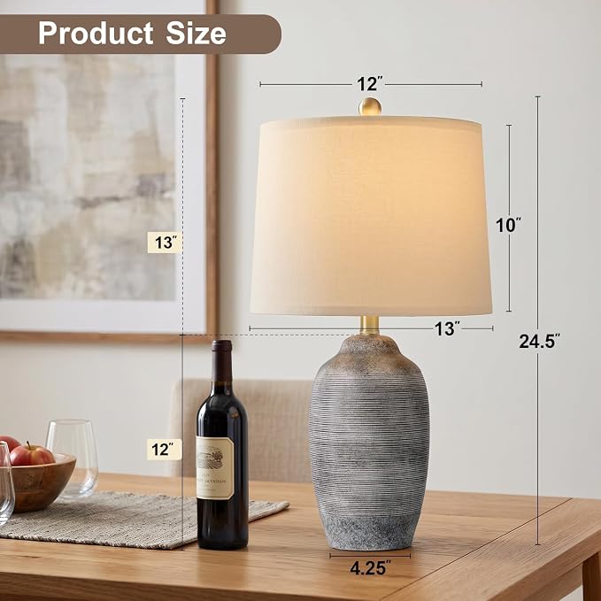24.5" Vintage Ceramic Table Lamp Single-Rustic Boho Accent Nightstand Lamps for Bedroom, Living Room, Entryway-Small Textured Bedside Lamps, Modern Farmhouse Table Lamps for Home Decor Gray