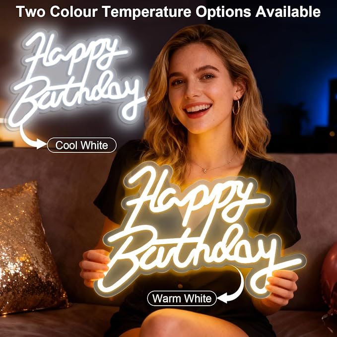 Happy Birthday Neon Sign for Wall Party Decor, LED Happy Birthday Light up Sign for Backdrop, 16"x 11" USB Powered 10 Brightness Settings Light up Signs Party Decorations Backdrop, Warm White
