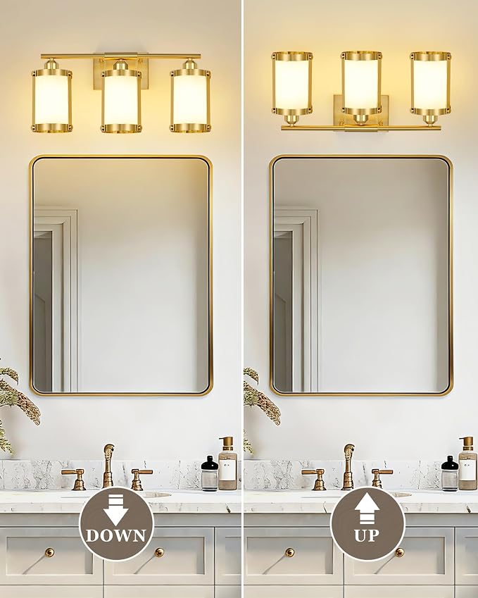 3-Light Brushed Gold Bathroom Light Fixtures with Milk Frosted Glass, 21" Modern Bathroom Vanity Lighting Fixtures Over Mirror with Metal Cage, Wall Sconce Lights for Bath, E26, OS-3014BGW-3W