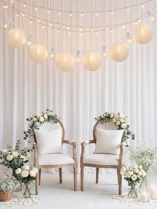 25Ft White Lantern String Lights with 10pcs G40 LED Bulbs,Nylon Hanging Chinese White Lanterns Connectable for Indoor Outdoor,Summer Camping,Wedding,Bedroom,White Wire