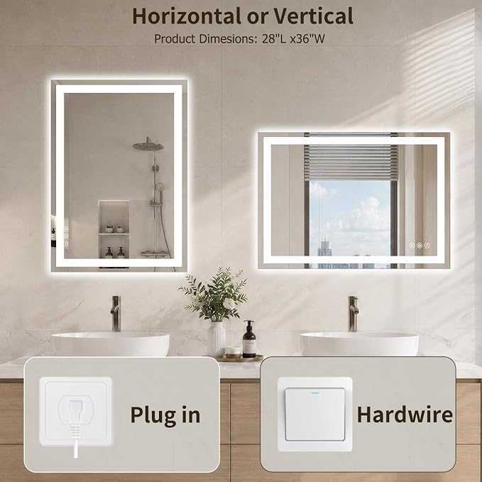 28"x36" LED Bathroom Mirror with Lights, Backlit+Frontlit, Anti-Fog | CRI 95, Stepless Dimmable, 3 Colors Lighting, Shatterproof Tempered Glass, HD Reflection, Memory, (Horizontal/Vertical)