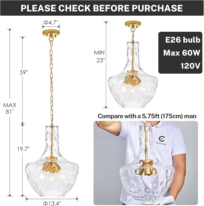 Modern 3-Light Gold Pendant Light Hammered Glass Kitchen Island Light Large Glass Pendant Lights Over Sink Brass Hand-Blown Glass Hanging Light for Kitchen Dining Room Hallway Entrance