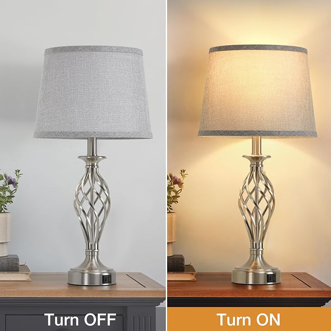 Nightstand Table Lamps for Bedrooms Set of 2 with USB C+A, Bedside Lamps with Spiral Cage Base, Tall Living Room Lamps for End Tables, Modern Night Stand Lamps for Bed Side Guest Room Bulbs Included