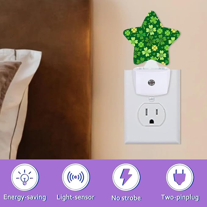Energy Efficient Nightlights Plug in Wall, Green Shamrock Night Light for Kids Bedroom Decorative, Clover Leaf Dusk-to-Dawn Sensor Sleep Friendly Lamp for Nursery Bathroom Basement