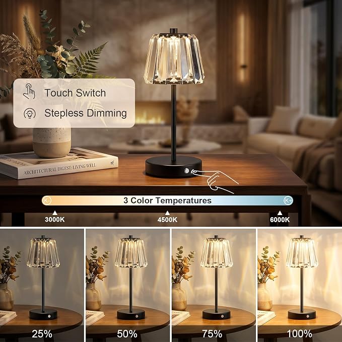 13" Small Crystal Cordless Table Lamp, Touch Rechargeable Desk Lamps | 3 Color Temps, Stepless Dimming, Black Portable Battery Operated LED Desk Lamps for Bedside, Nightstand, Kitchen, Patio, Gift