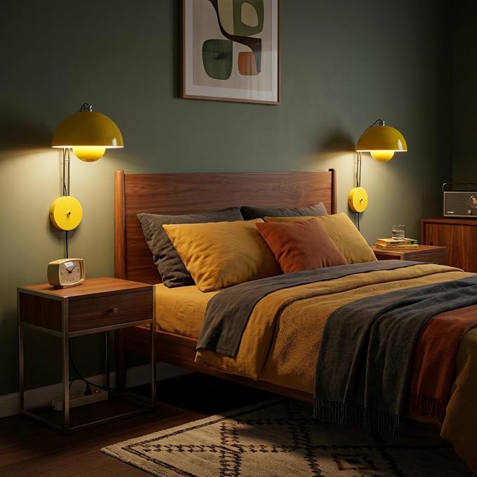 Mid-Century Modern Bud Plug in Wall Sconces for Bedroom, Lemon Yellow | Indirect lighting reading wall lamp, all-metal construction, plug-in or hardwired install, fits bedroom bedside, living room