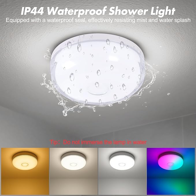 4-Pack Waterproof Shower Light No Wiring, Rechargeable Shower Lamp, White | 15 RGBW Color Mood Lighting with Remote Dimmable&Timer, LED Wireless Magnetic Ceiling/Wall Light for Bathroom Bathtub Closet