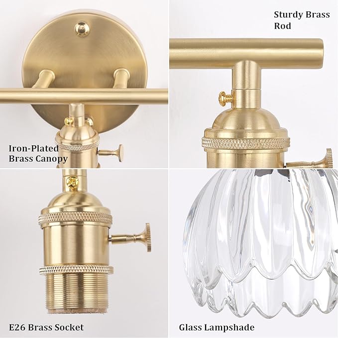 Bathroom Light Fixtures, 3-Light Brass Vanity wall Light Over Mirror with Clear Tulip Glass Shade for Bedroom Living Room (Bulb Not Included)