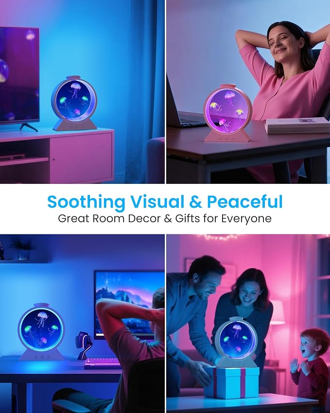 Jellyfish Lamp for Sleep Anxiety Calming Night Light for Bedroom(Pink) | Whisper-Quiet Sensory | 7 Soft Color Modes | Adjustable Water Flow | 8H Auto-Off Timer | Rounded Tank Lamp Gift for All Ages