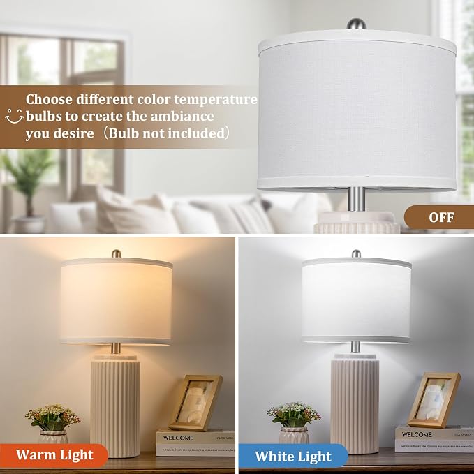 23.5" Cream Ceramic Table Lamps Set of 2, Modern Nightstand Lamps | Bedside Table Lamps with White Linen Shade, Ideal Size, Farmhouse Home Decor for Living Room Bedroom Office End Table Dorm