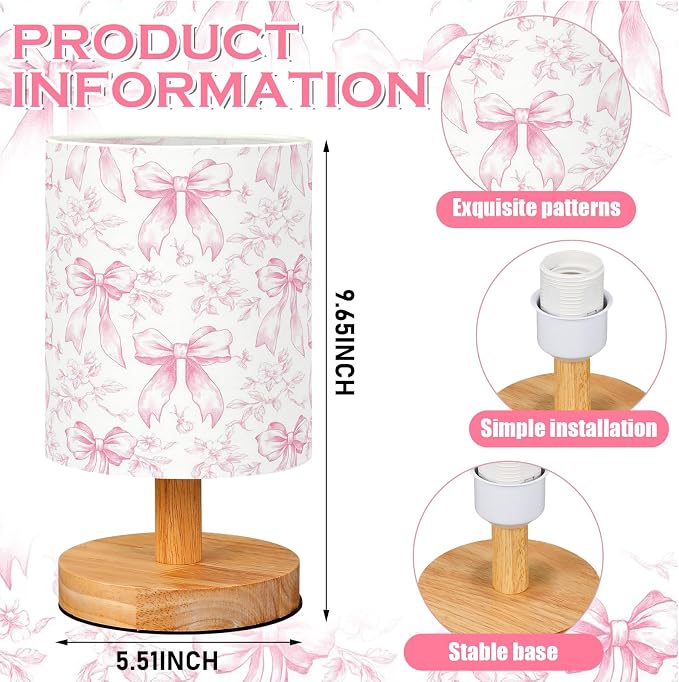 Flora Bow Kids Table Lamp for Bedroom Kids Bedside Lamp with Linen Wooden Nightstand Cartoon Nursery Lampshade for Girls Boys Living Room