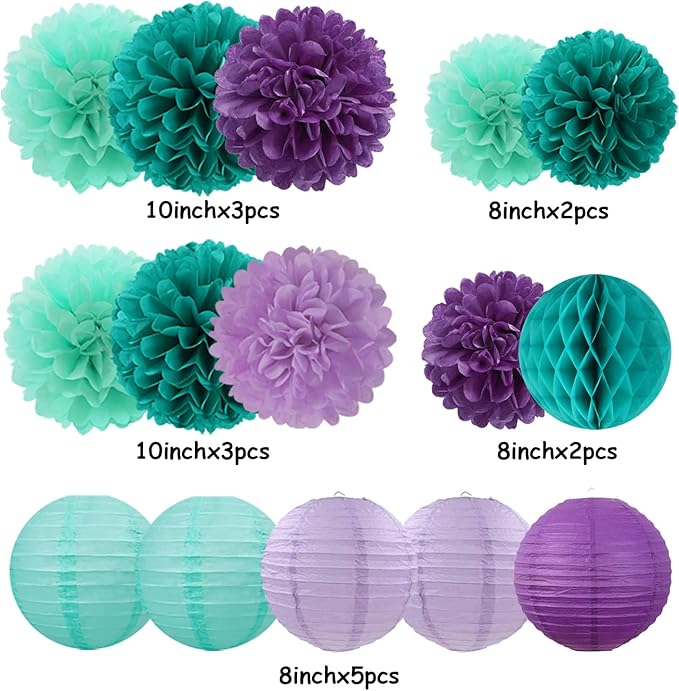 Teal-Purple Party-Decorations Paper Flowers Lanterns - 15PCS Lavender Girl Mermaid-Birthday Tissue Pom Poms Streamers,Baby Bridal Shower Wedding Classroom Hanging Supplies Decor Hugfond