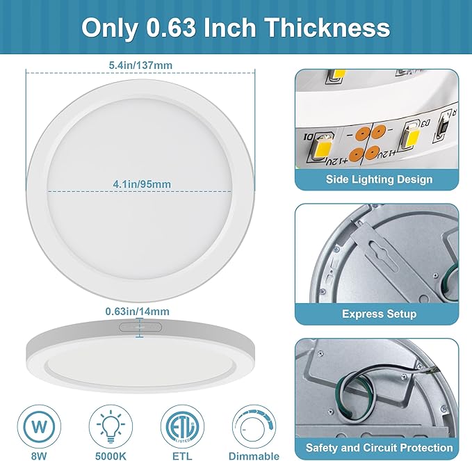5 inch ETL Certified Flush Mount Ceiling Light Dimmable, 5000K White LED Ceiling Light Ultra Slim 0.63" Thick Round Ceiling Light Fixture for Bedroom, Bathroom,Kitchen,Hallway,Closet, 3 Pack