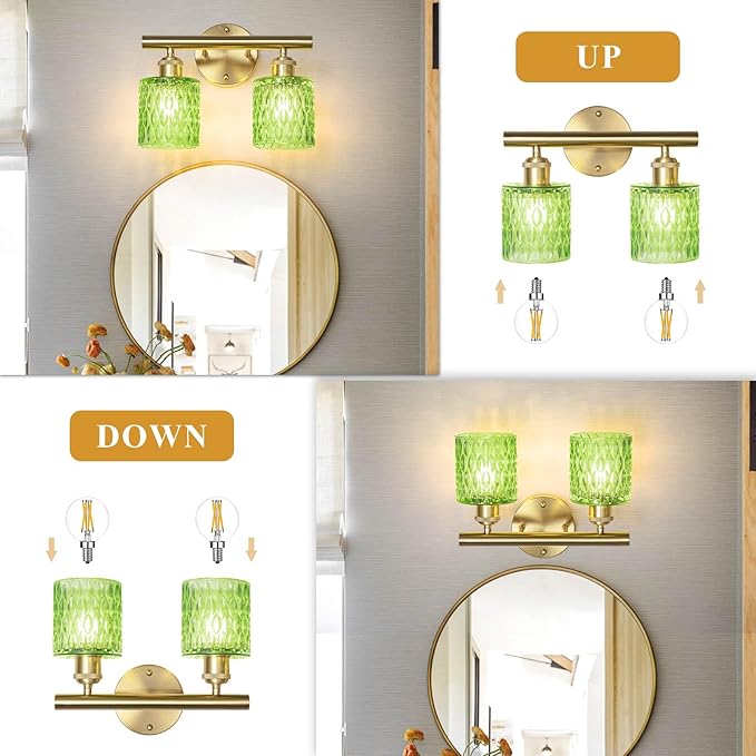 Bathroom Vanity Light, Gold Wall Fixture Over Mirror, Green Glass Shade Lighting with Bulbs Included for Bedroom & Living Room,2-Lights