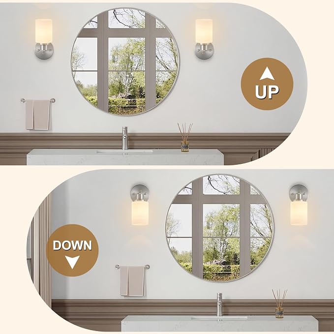 2-Pack 1-Light Vanity Lights, Brushed Nickel Bathroom Light Fixture with Textured Milky White Glass Shade, E26 Modern Vanity Lighting Fixture for Bathroom Wall Sconce