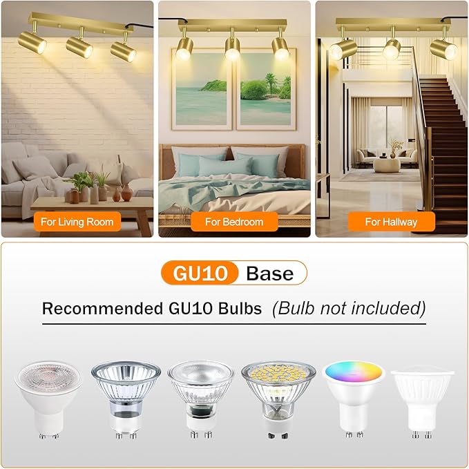 3 Light Track Lighting Kit,Gold 3 Way Modern Plug in Ceiling Spotlight,Industrial LED Wall Light for Kitchen Cabinet Gallery Bar Hallway Living Room,Rocker Switch,15 Foot Cord(No Bulb)