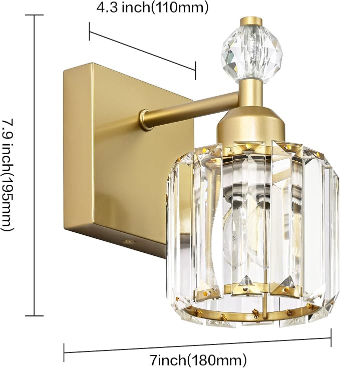 PRESDE Single Crystal Wall Sconce, Modern Gold Vanity Light Fixture, 1-Light Wall Lamp for Bathroom Bedroom Hallway