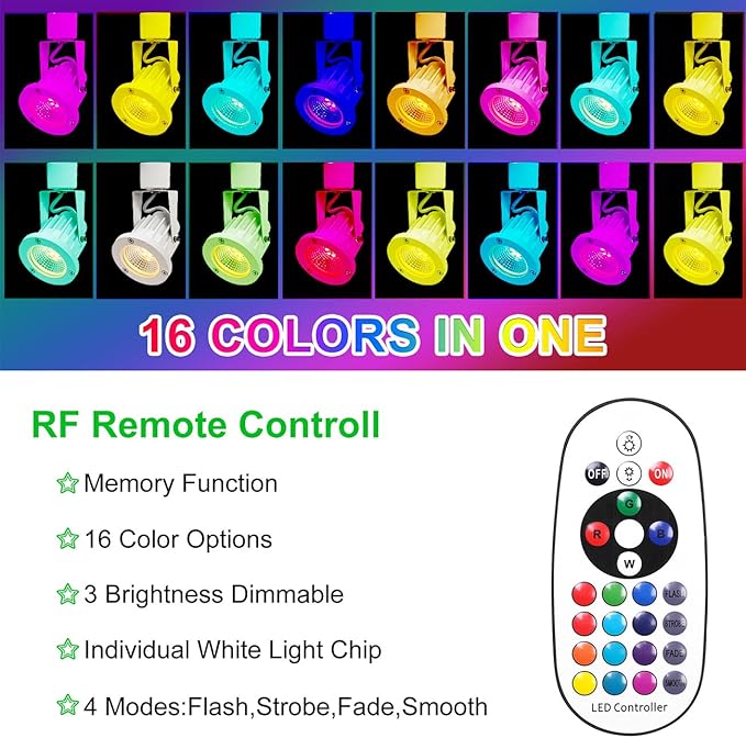 15W RGB LED Track Light Heads,Color Changing Track Lighting Head for Accent,Art,Party,Game Room,RGBW Ceiling Track Spotlight Fixtures Halo Type 8 Pack (White)