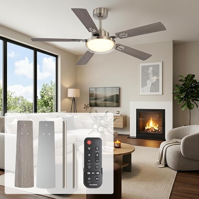 52 Inch Ceiling Fans with Lights and Remote, Bedroom Living Room Kitchen Office, 5CCT Dimmable,Dual Color 5 Blades, 6 Speed Reversible Quiet DC Motor, Double-Layer Lampshade, Sand-nickel/Wood Grain