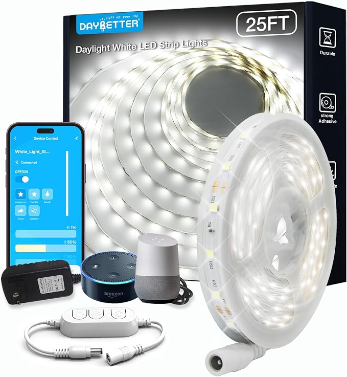DAYBETTER 25 ft Smart WiFi White LED Lights, Dimmable White LED Strip Light Compatible with Alexa and Google Assistant, 6500K, 720 LEDs Tape Lights for Bedroom, Kitchen, Mirror, Home Decoration