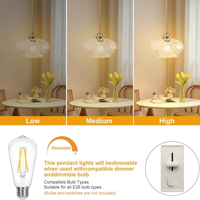 Modern Pendant Lights Kitchen Island, Brushed Nickel Pendant Light Fixtures with 11" Clear Hammered Glass Shade, Industrial Hanging Pendant Lights Fixture for Kitchen Island Dining Room Hallway Foyer