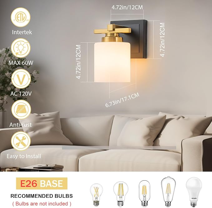 Modern Bathroom Light Fixtures Over Mirror, Vanity Lights for Bathroom Wall Sconces with Milky White Glass Shades, E26 Socket (Bulbs Not Included), 1 Light, Black Gold