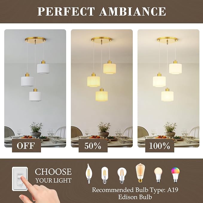 Brushed Gold Dining Room Chandelier Light Fixture, 3-Light Pendant Lighting with Milk Glass, Modern Kitchen Island Cluster Hanging Pendant Lights for Kitchen Dining Room, OS-YQ8153-3BGW