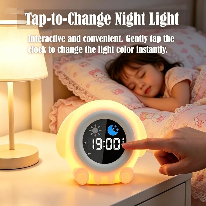 Puppy Cartoon Ok to Wake Alarm Clock, White Noise Tap Night Light for Room | 6 White Noise Sounds, 8 Light Modes, Dual Alarm & Snooze, Dimmable LED, Type-C Rechargeable, 12/24 Hour Display